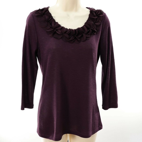 MARINA Tops - Marina Luna Womens Ruffle Scoop Neck Shirt S Small Purple Slub Knit 3/4 Sleeve